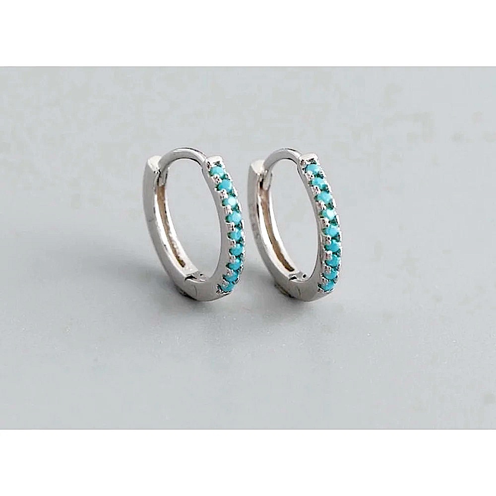 NEW Unisex Men’s Turquoise White Gold‎ Plated S925 Silver Hoop Earrings, 9mm